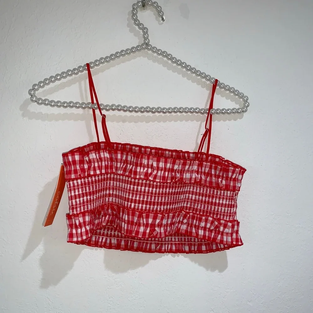 Colsie red‎ white plaid gingham check smocked bralette size medium new cotton